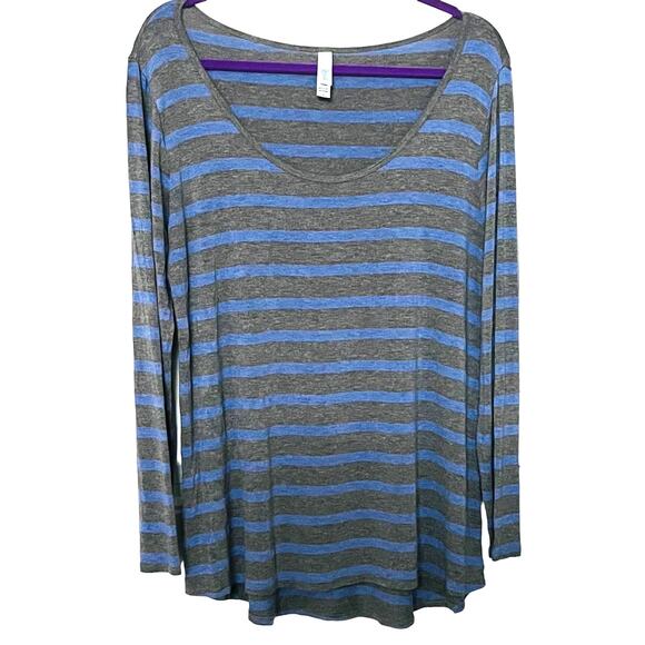 LULAROE LONG SLEEVE PULL-OVER TOP, WOMENS, L, GREY & BLUE HORIZONTAL STRIPES - Picture 1 of 9